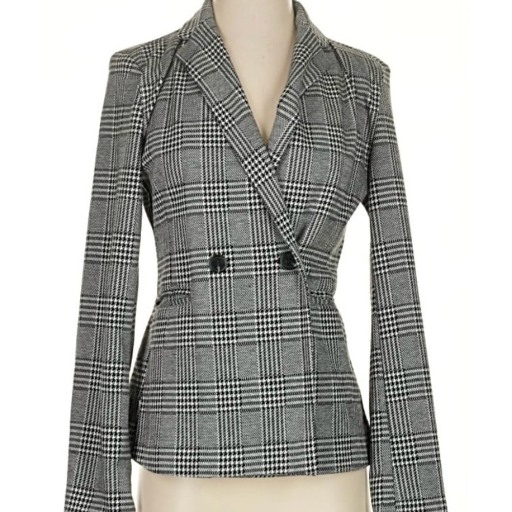 Lovetree Plaid Blazer Size Small Gray Black Check Stretch Double Breasted Look